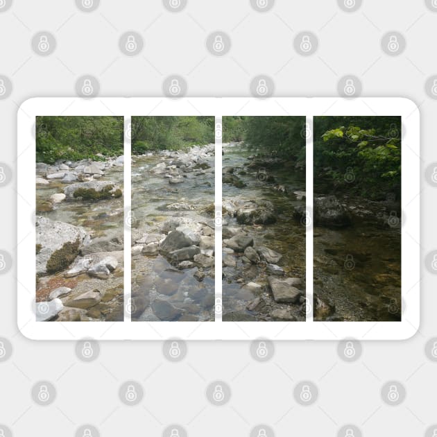 A static shot of the clear water of a mountain stream between rocks and stones; beautiful nature in a sunny day; no people around Sticker by fabbroni-art